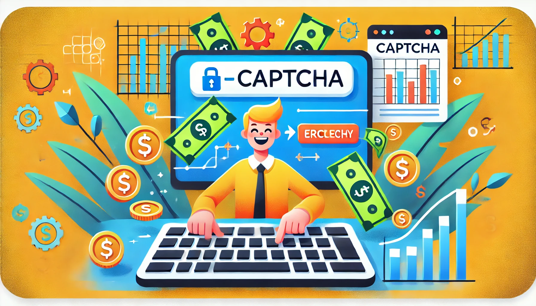 DALL·E 2024-07-30 15.49.40 - A rectangular image depicting successful earnings from solving CAPTCHAs. Show a person happily using a computer with a CAPTCHA on the screen, with dol