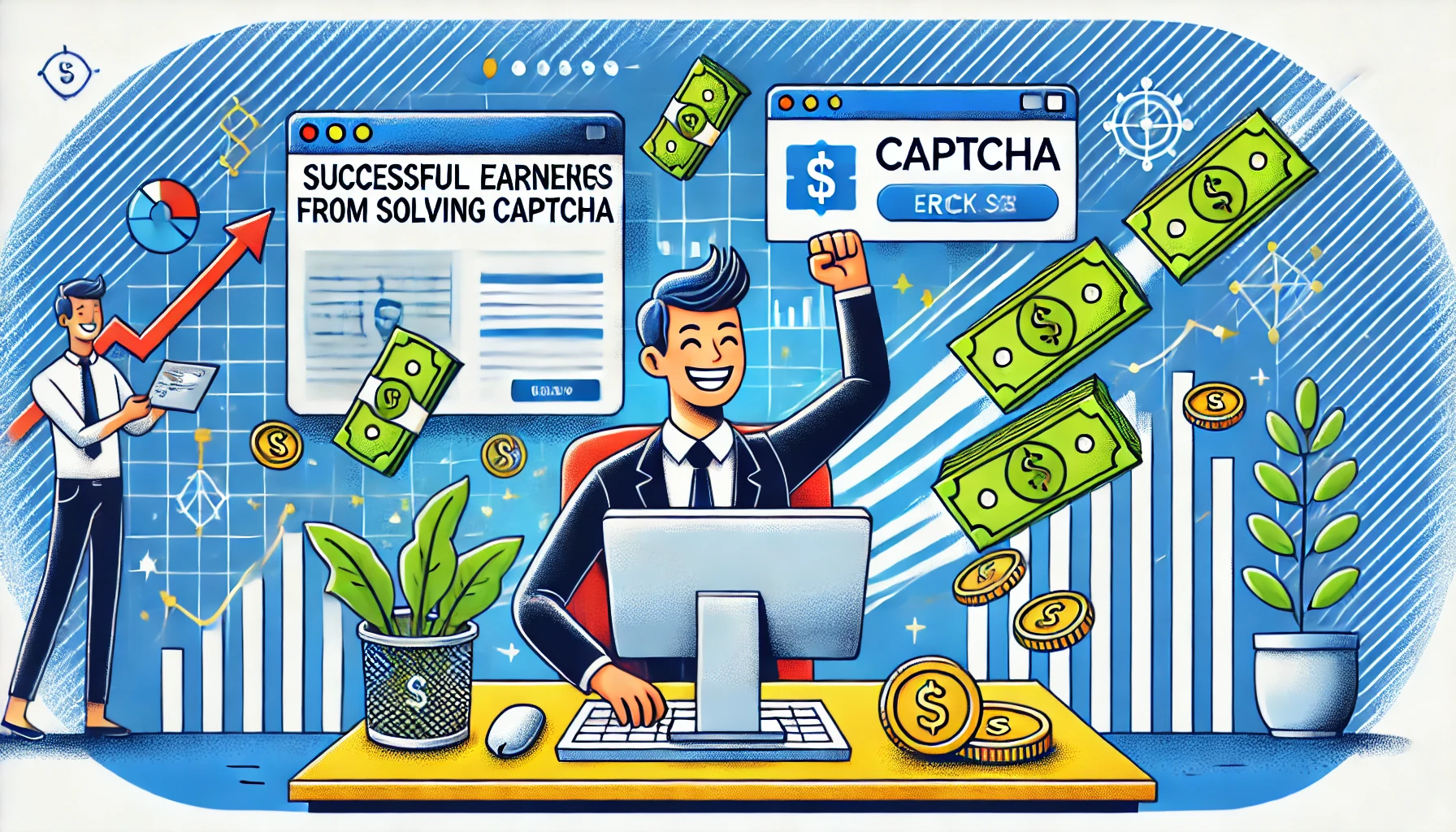 DALL·E 2024-07-30 15.51.48 - A rectangular image depicting successful earnings from solving CAPTCHAs. Show a person happily using a computer with a CAPTCHA on the screen, with dol