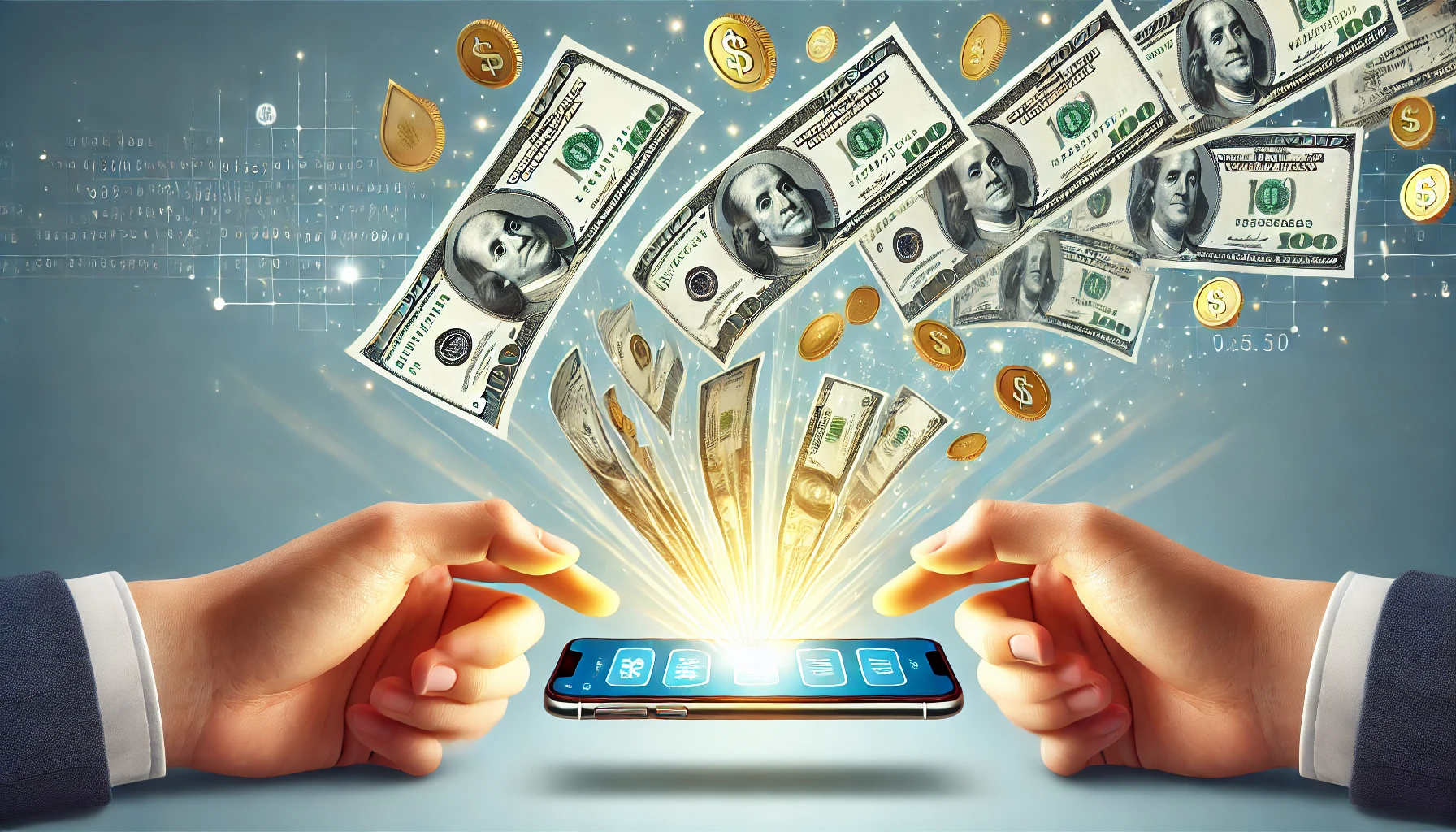 DALL·E 2024-07-30 16.09.25 - A rectangular image showing money flying from a smartphone into a person's hands. The scene should depict dollar bills and coins being transferred dig