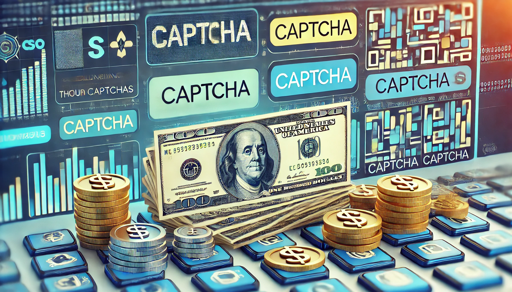 DALL·E 2024-07-30 16.23.32 - A rectangular image showing money and CAPTCHAs in the background. Display dollar bills and coins prominently in the foreground, with various CAPTCHA c